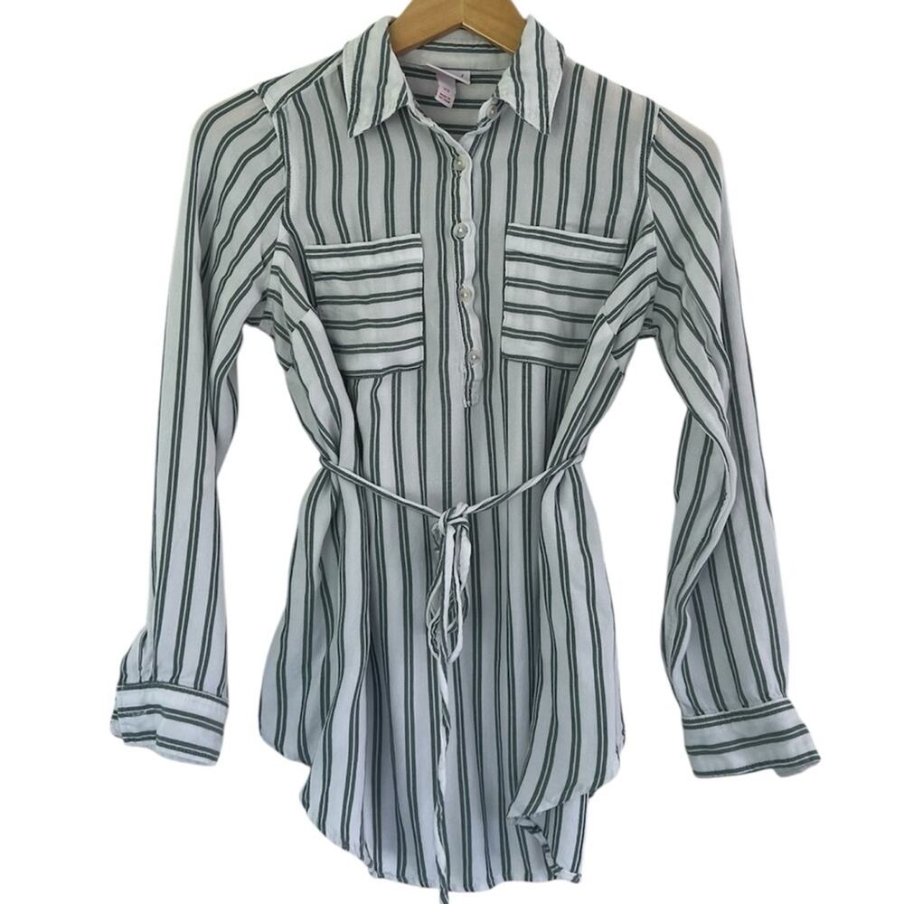 Isabel Maternity by Ingrid & Isabel Green and White Striped Tie Shirt Sz xs